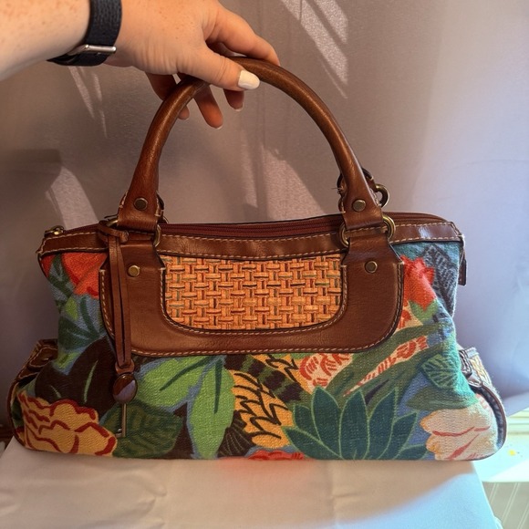 Fossil Floral Tropical Multi Color Bag Purse Leather Strap Raffia Shoulder Bag - Picture 1 of 16